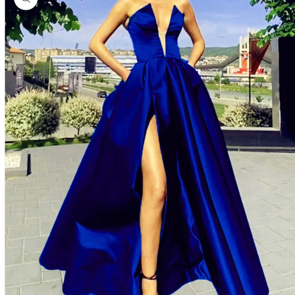 Royal blue satin strapless dress